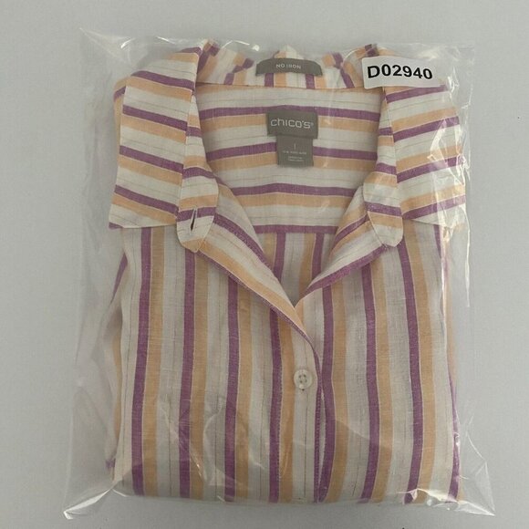 Chicos No-Iron Linen Metallic Striped Roll-Tab Shirt Size 1 US Medium - Picture 11 of 11